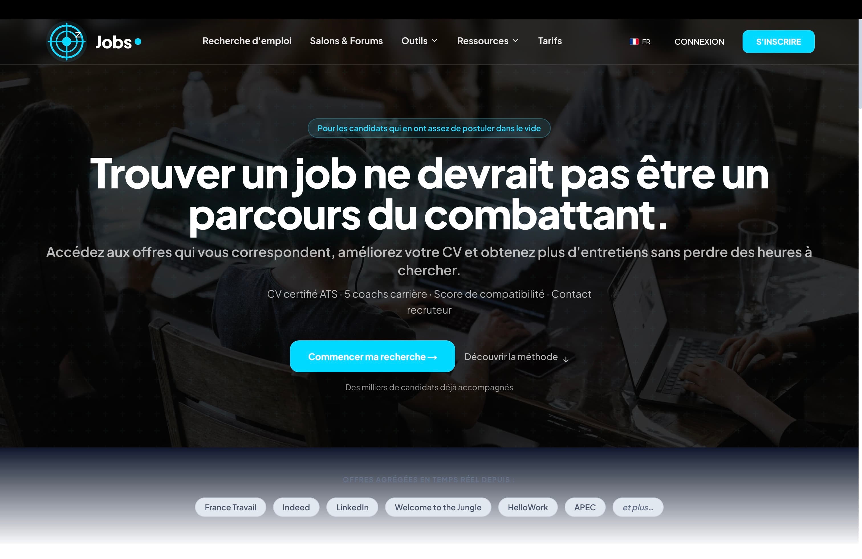 Page d'accueil HuntZenJobs affichant le hero principal, la proposition de valeur et les appels à l'action.